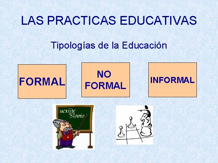 LAS PRACTICAS EDUCATIVAS Tipologías de la Educación FORMAL NO FORMAL INFORMAL 