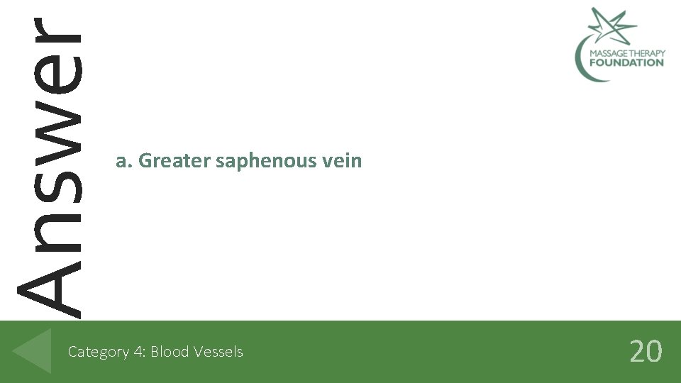 Answer a. Greater saphenous vein Category 4: Blood Vessels 20 