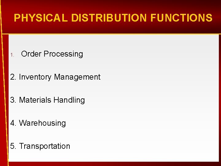 PHYSICAL DISTRIBUTION FUNCTIONS 1. Order Processing 2. Inventory Management 3. Materials Handling 4. Warehousing