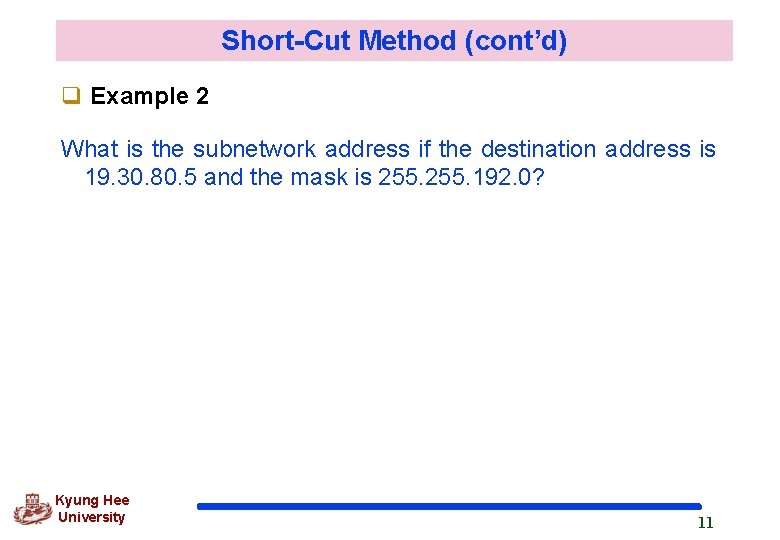 Short-Cut Method (cont’d) q Example 2 What is the subnetwork address if the destination