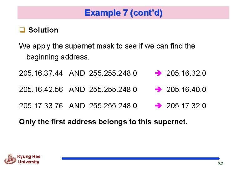 Example 7 (cont’d) q Solution We apply the supernet mask to see if we