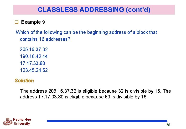 CLASSLESS ADDRESSING (cont’d) q Example 9 Which of the following can be the beginning