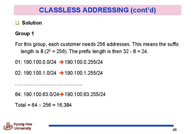 CLASSLESS ADDRESSING (cont’d) q Solution Group 1 For this group, each customer needs 256