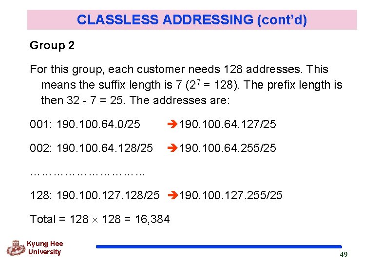 CLASSLESS ADDRESSING (cont’d) Group 2 For this group, each customer needs 128 addresses. This