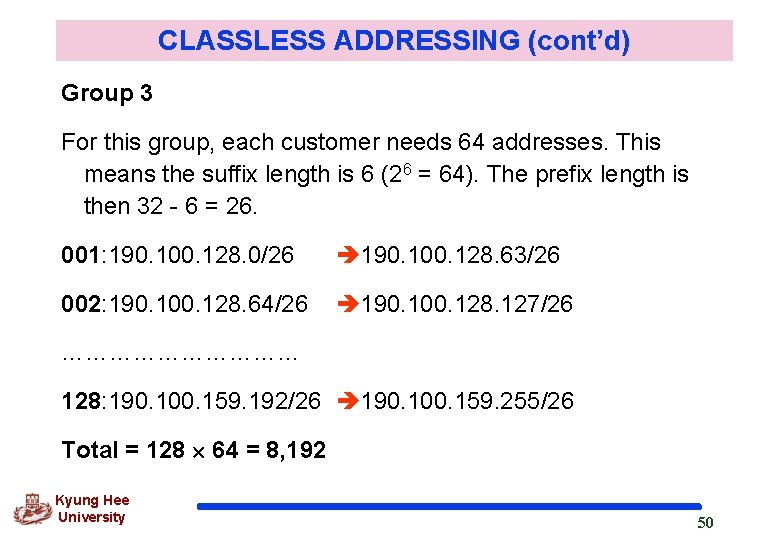 CLASSLESS ADDRESSING (cont’d) Group 3 For this group, each customer needs 64 addresses. This