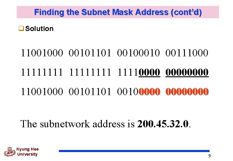 Finding the Subnet Mask Address (cont’d) q. Solution 11001000 00101101 0010 00111000 111111110000 11001000