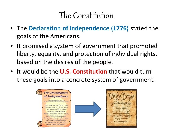 The Constitution • The Declaration of Independence (1776) stated the goals of the Americans.