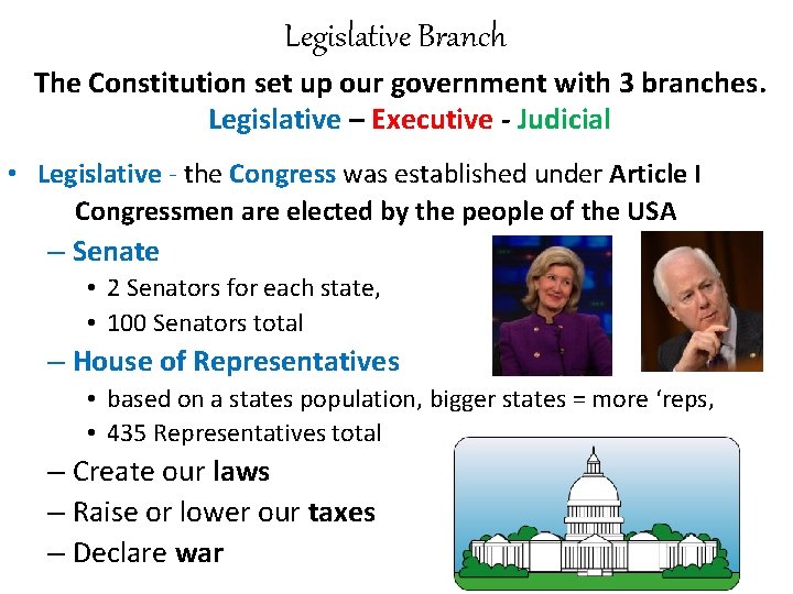 Legislative Branch The Constitution set up our government with 3 branches. Legislative – Executive