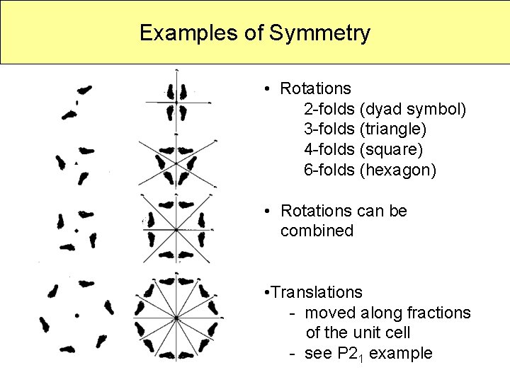 Examples of Symmetry • Rotations 2 -folds (dyad symbol) 3 -folds (triangle) 4 -folds