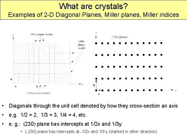 What are crystals? Examples of 2 -D Diagonal Planes, Miller planes, Miller indices •