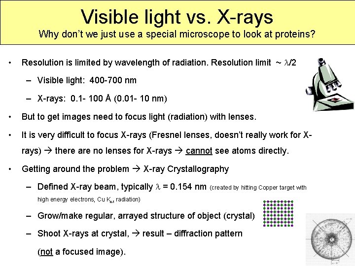 Visible light vs. X-rays Why don’t we just use a special microscope to look