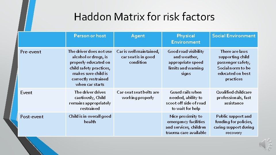 Haddon Matrix for risk factors Person or host Agent Pre-event The driver does not