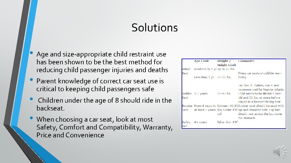 Solutions • Age and size-appropriate child restraint use has been shown to be the