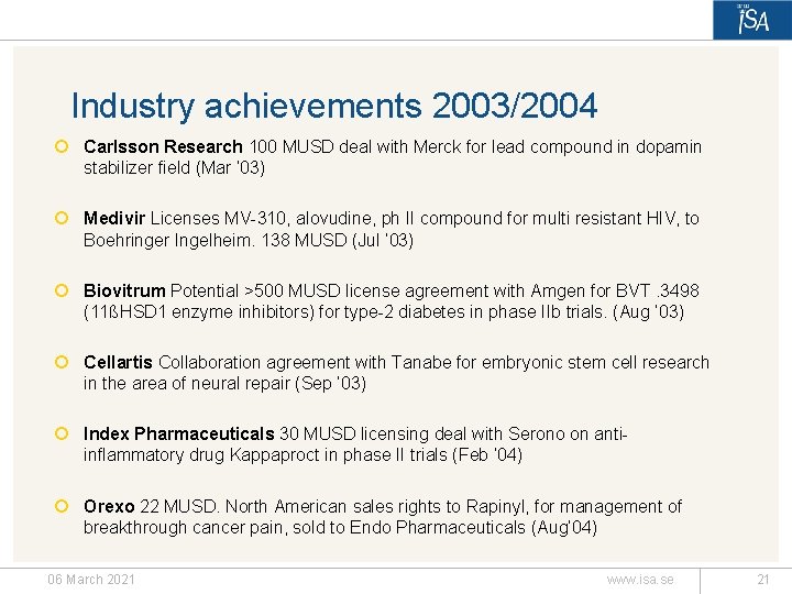 Industry achievements 2003/2004 ¡ Carlsson Research 100 MUSD deal with Merck for lead compound