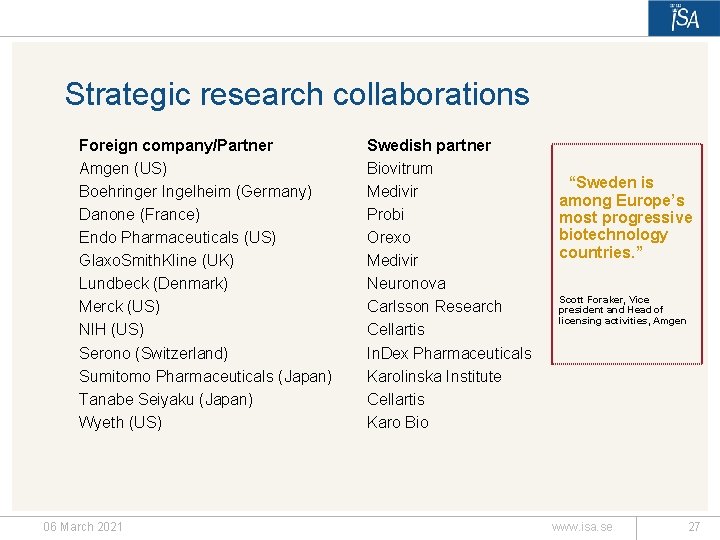 Strategic research collaborations Foreign company/Partner Amgen (US) Boehringer Ingelheim (Germany) Danone (France) Endo Pharmaceuticals