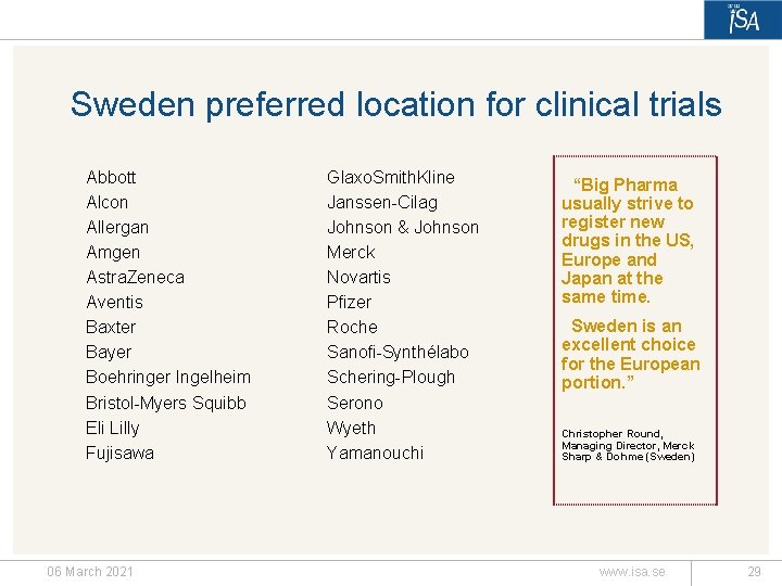 Sweden preferred location for clinical trials Abbott Alcon Allergan Amgen Astra. Zeneca Aventis Baxter