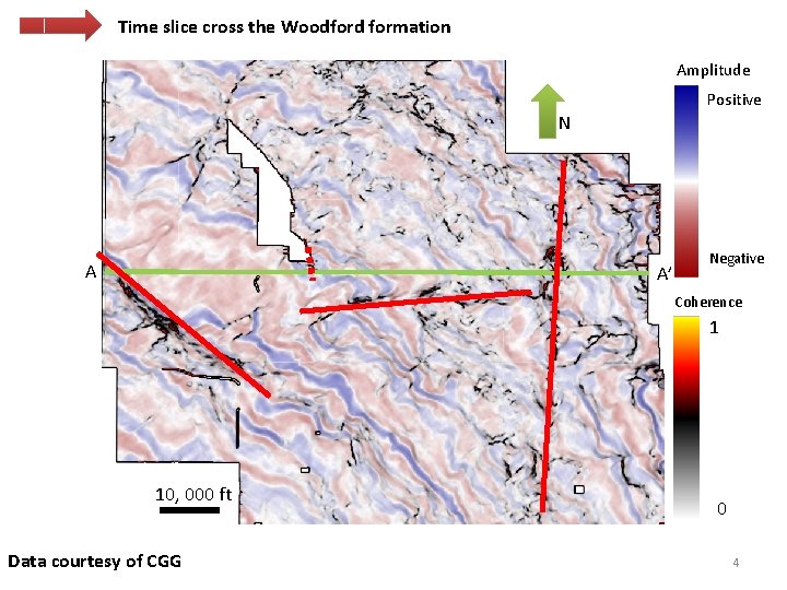 Time slice cross the Woodford formation Amplitude Positive N A A’ Negative Coherence 1