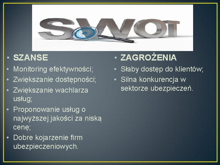  • SZANSE • ZAGROŻENIA • Monitoring efektywności; • Zwiększanie dostępności; • Zwiększanie wachlarza