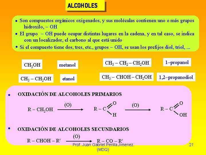 ALCOHOLES Son compuestos orgánicos oxigenados, y sus moléculas contienen uno o más grupos hidroxilo,