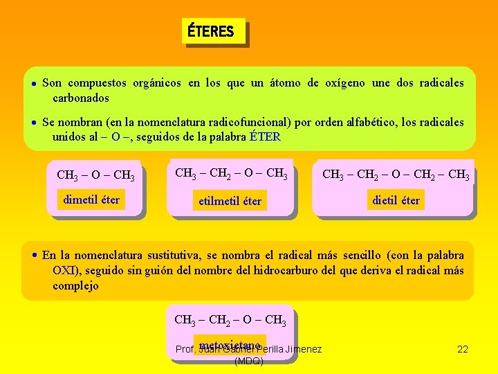 ÉTERES Son compuestos orgánicos en los que un átomo de oxígeno une dos radicales