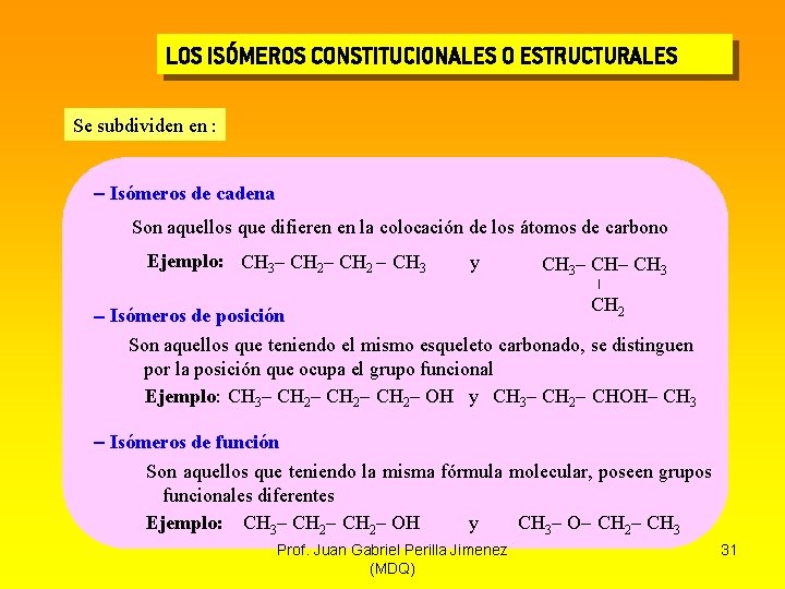 LOS ISÓMEROS CONSTITUCIONALES O ESTRUCTURALES Se subdividen en : - Isómeros de cadena Son