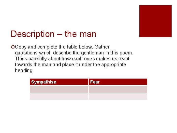 Description – the man ¡Copy and complete the table below. Gather quotations which describe