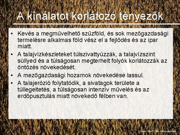 A kínálatot korlátozó tényezők • Kevés a megművelhető szűzföld, és sok mezőgazdasági termelésre alkalmas
