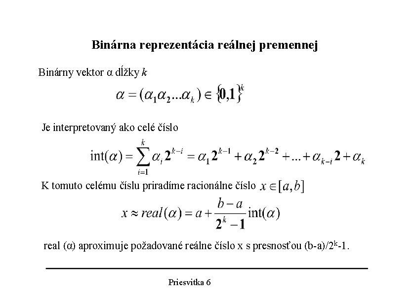Binárna reprezentácia reálnej premennej Binárny vektor α dĺžky k Je interpretovaný ako celé číslo