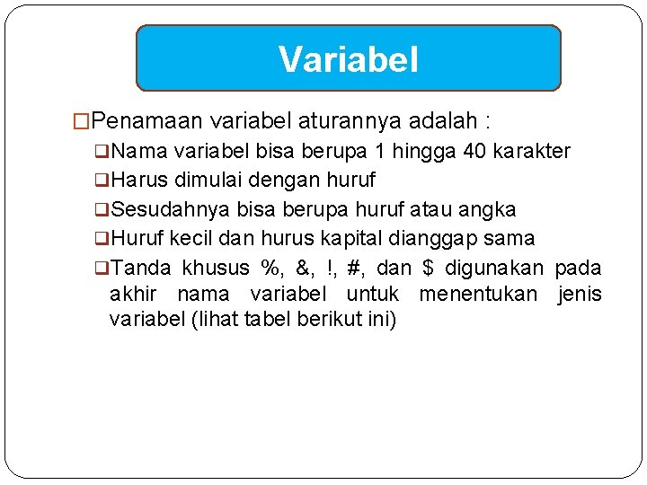 Variabel �Penamaan variabel aturannya adalah : q. Nama variabel bisa berupa 1 hingga 40