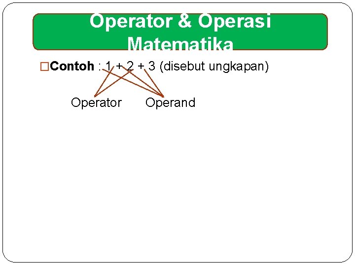 Operator & Operasi Matematika �Contoh : 1 + 2 + 3 (disebut ungkapan) Operator