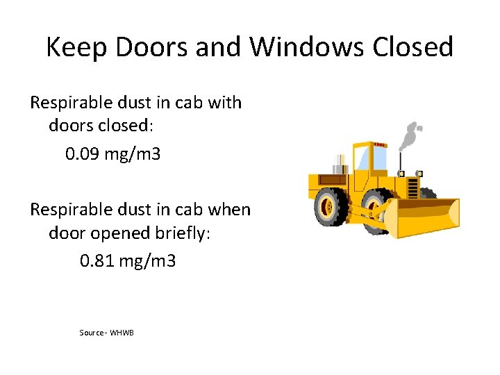 Keep Doors and Windows Closed Respirable dust in cab with doors closed: 0. 09