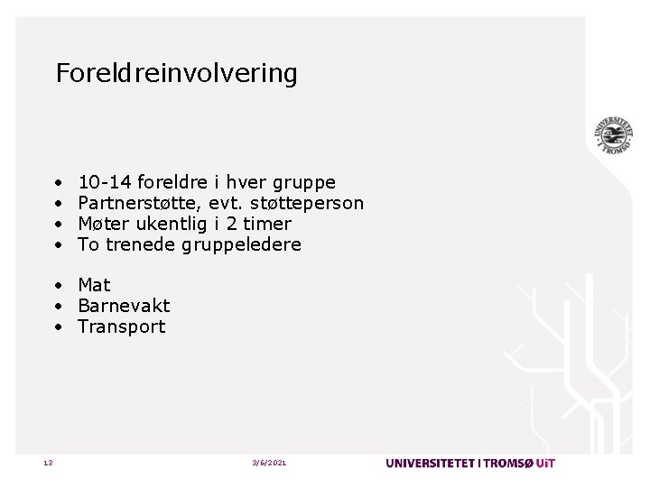 Foreldreinvolvering • • 10 -14 foreldre i hver gruppe Partnerstøtte, evt. støtteperson Møter ukentlig