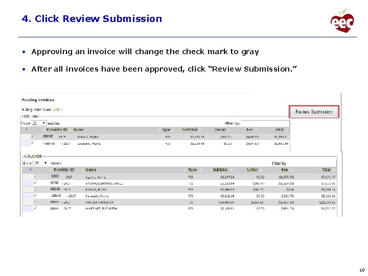 4. Click Review Submission • Approving an invoice will change the check mark to