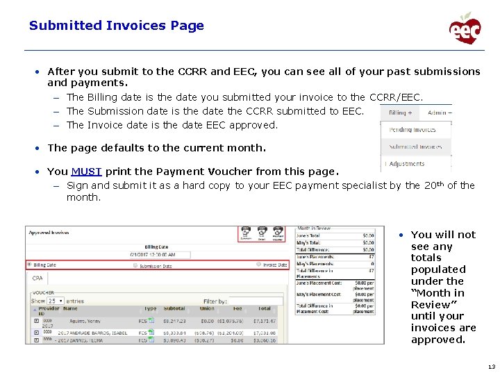 Submitted Invoices Page • After you submit to the CCRR and EEC, you can