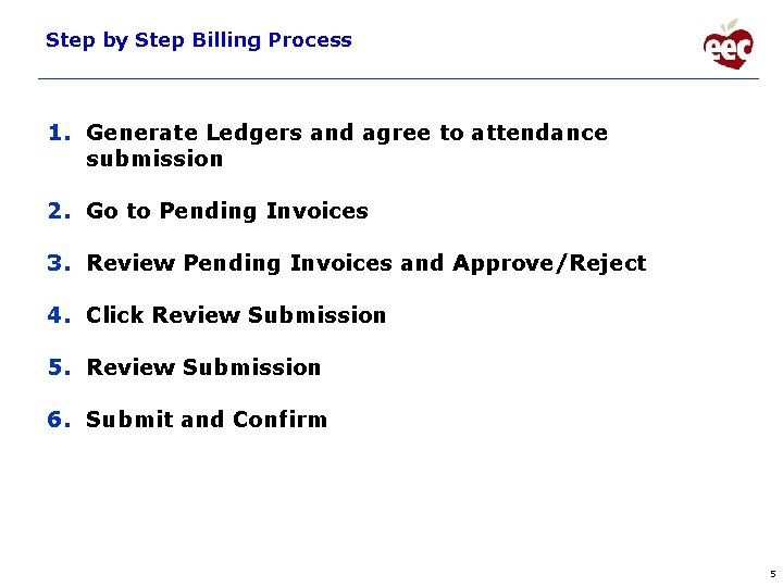 Step by Step Billing Process 1. Generate Ledgers and agree to attendance submission 2.