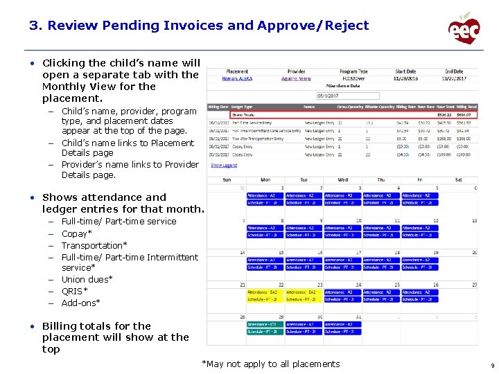 3. Review Pending Invoices and Approve/Reject • Clicking the child’s name will open a