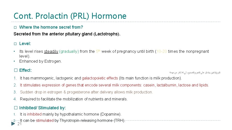 Cont. Prolactin (PRL) Hormone � Where the hormone secret from? Secreted from the anterior