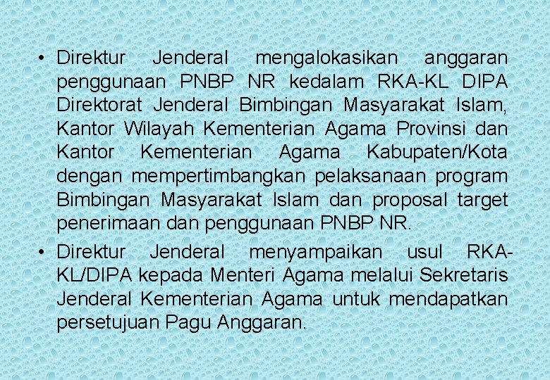  • Direktur Jenderal mengalokasikan anggaran penggunaan PNBP NR kedalam RKA-KL DIPA Direktorat Jenderal