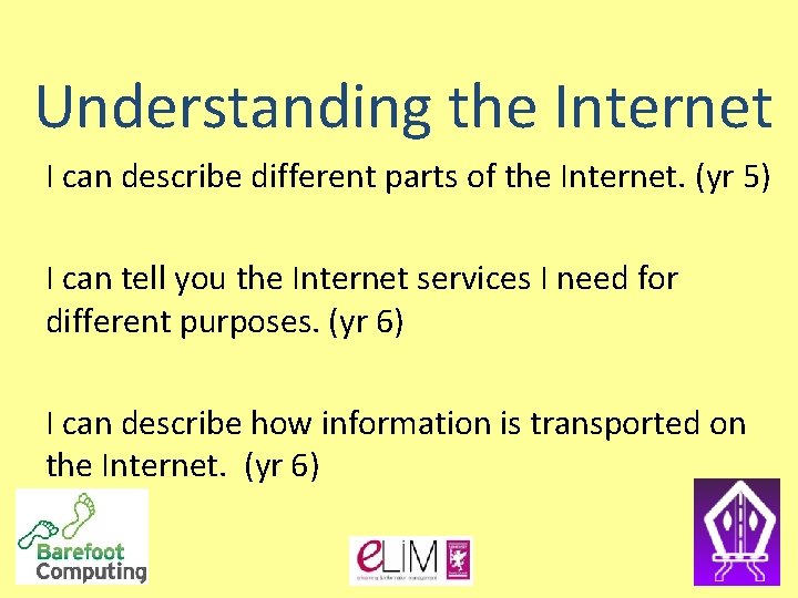 Understanding the Internet I can describe different parts of the Internet. (yr 5) I Understanding the Internet I can describe different parts of the Internet. (yr 5) I
