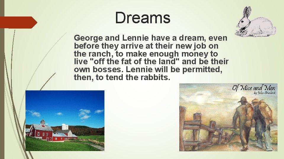 Dreams George and Lennie have a dream, even before they arrive at their new Dreams George and Lennie have a dream, even before they arrive at their new