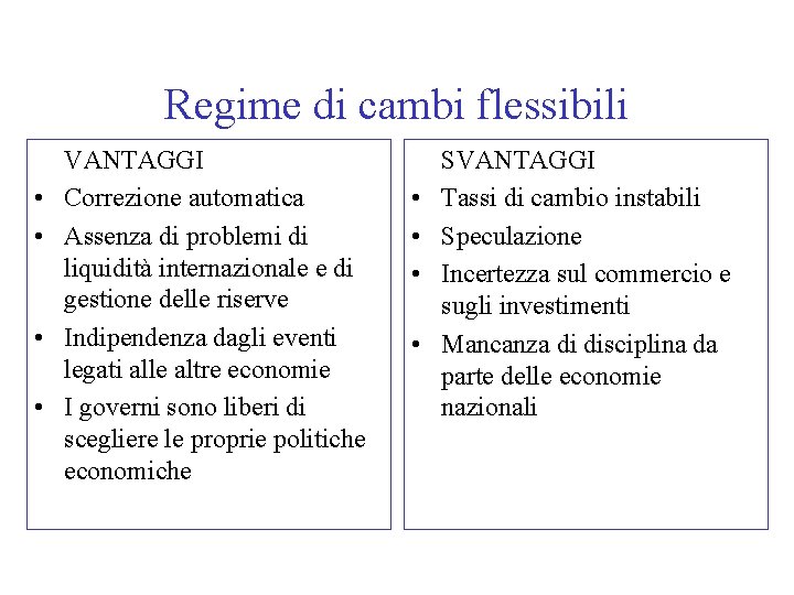 Regime di cambi flessibili • • VANTAGGI Correzione automatica Assenza di problemi di liquidità