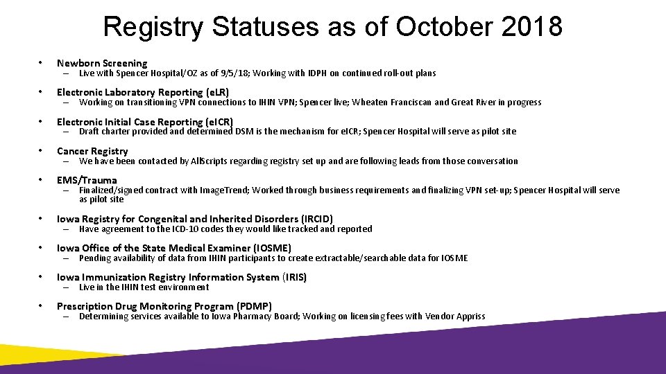 Registry Statuses as of October 2018 • Newborn Screening • Electronic Laboratory Reporting (e.