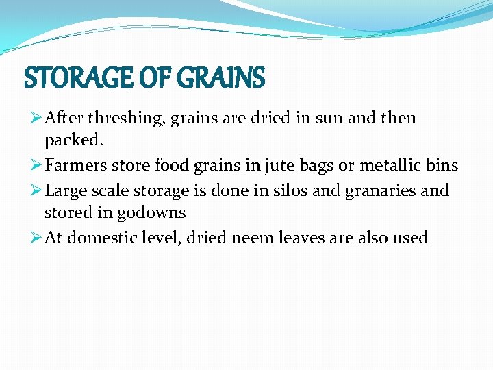 STORAGE OF GRAINS Ø After threshing, grains are dried in sun and then packed.