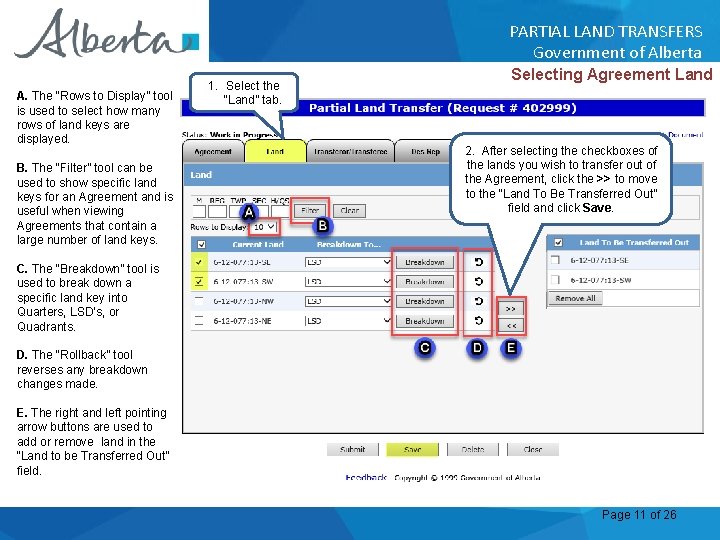 PARTIAL LAND TRANSFERS Government of Alberta A. The “Rows to Display” tool is used