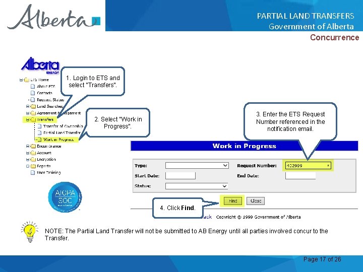 PARTIAL LAND TRANSFERS Government of Alberta Concurrence 1. Login to ETS and select “Transfers”.