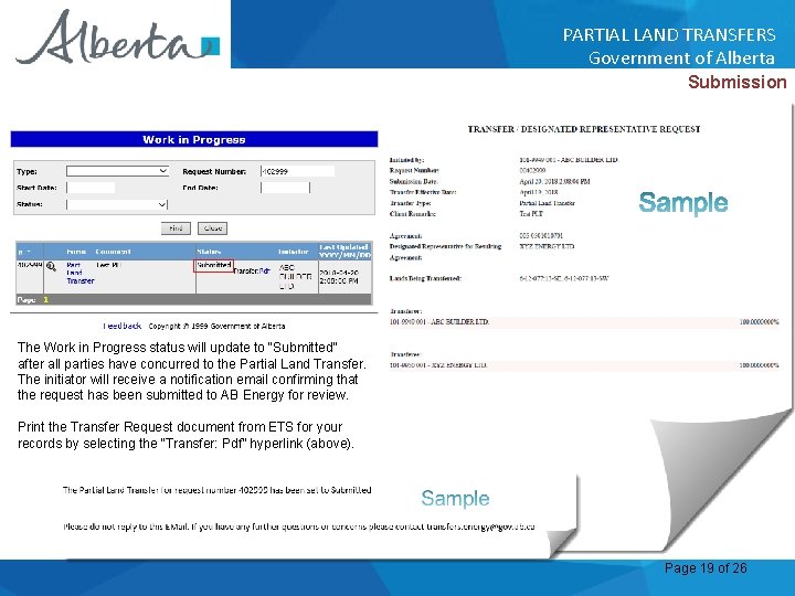 PARTIAL LAND TRANSFERS Government of Alberta Submission The Work in Progress status will update