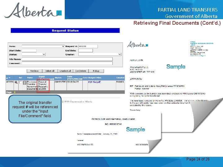 PARTIAL LAND TRANSFERS Government of Alberta Retrieving Final Documents (Cont’d. ) The original transfer