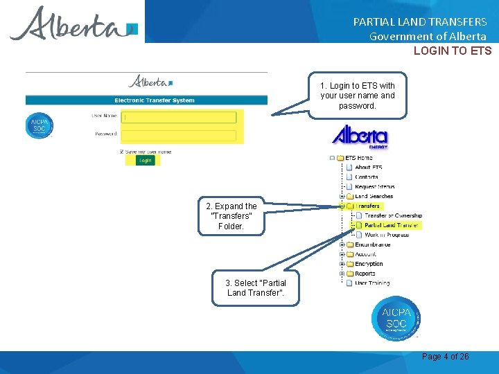 PARTIAL LAND TRANSFERS Government of Alberta LOGIN TO ETS 1. Login to ETS with