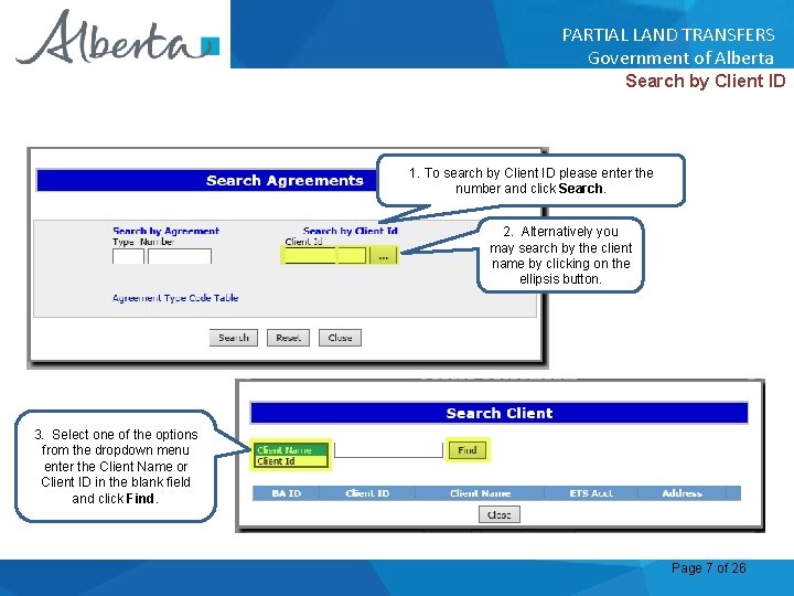 PARTIAL LAND TRANSFERS Government of Alberta Search by Client ID 1. To search by