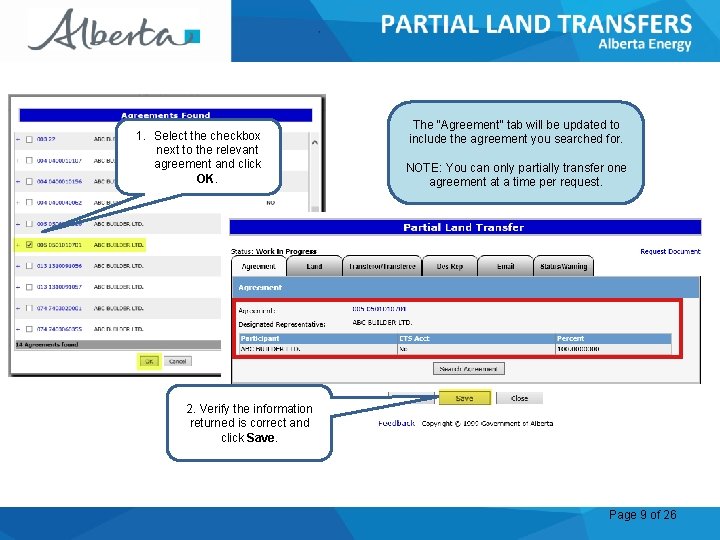 PARTIAL LAND TRANSFERS Government of Alberta 1. Select the checkbox next to the relevant
